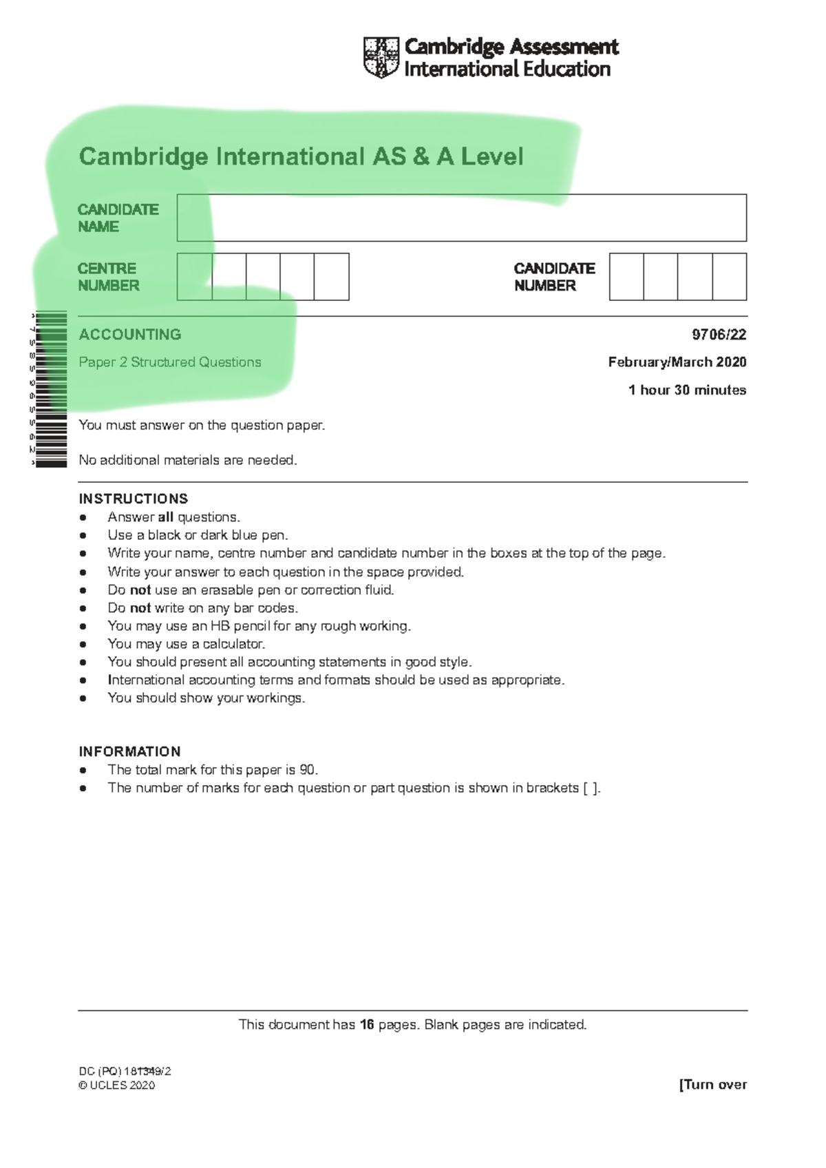 Cambridge International AS A Level 9706 Accounting Paper 2 Structured ...