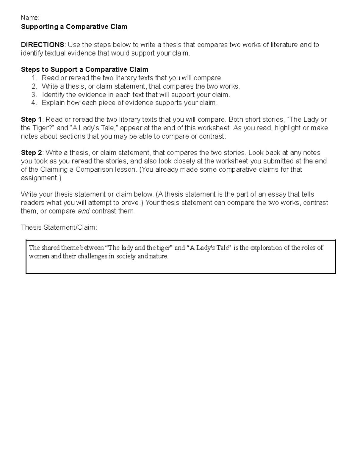 Supporting a Comparative Claim in English 10B: Analyzing Literary ...