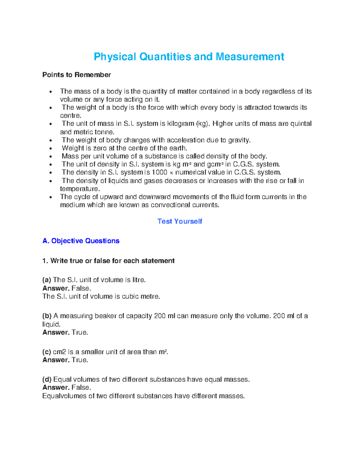 Physical Quantities and Measurement: Key Concepts and Exercises ...