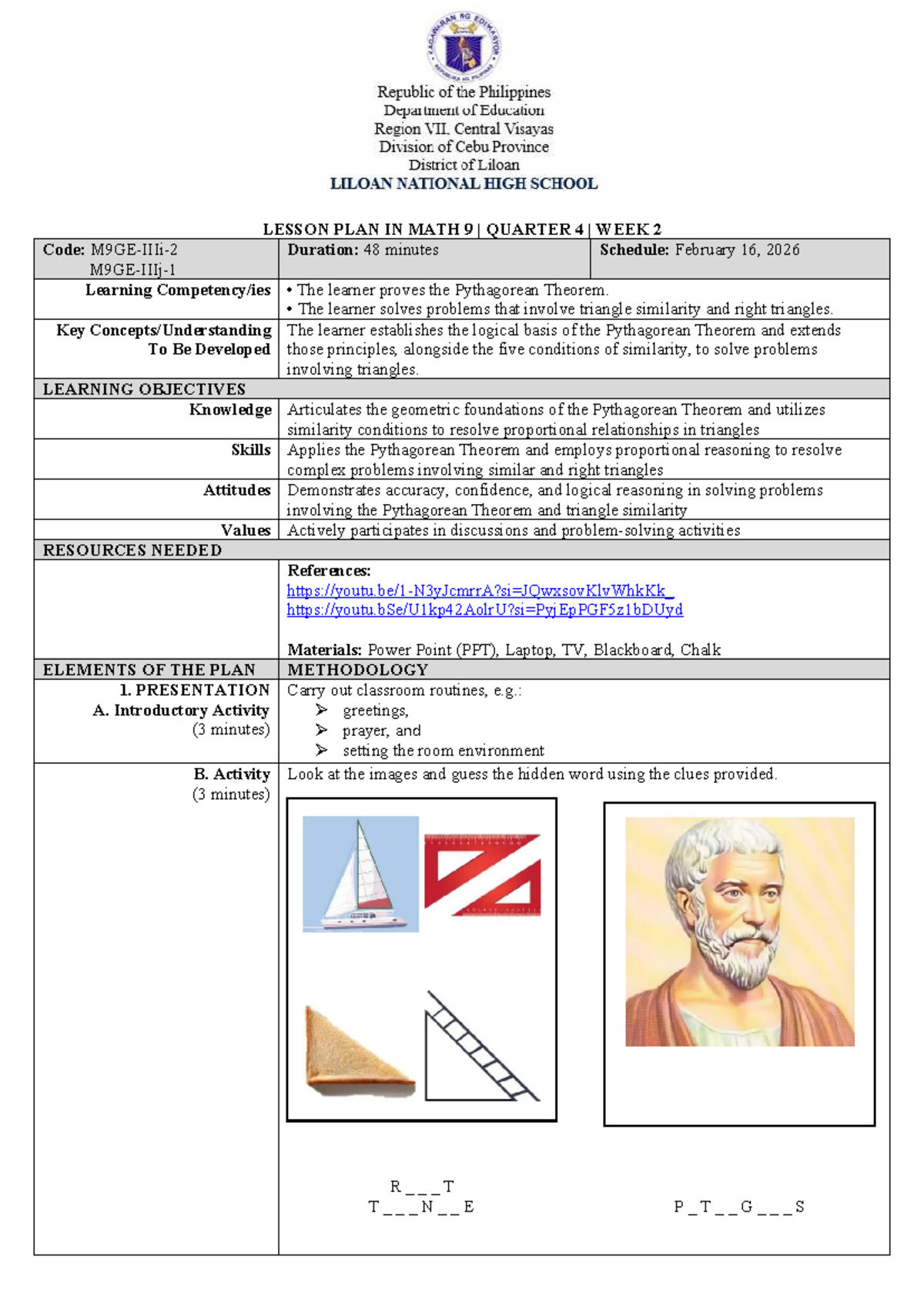 Final Lesson Plan in Math 9 (Q4 W2): Pythagorean Theorem & Triangle ...