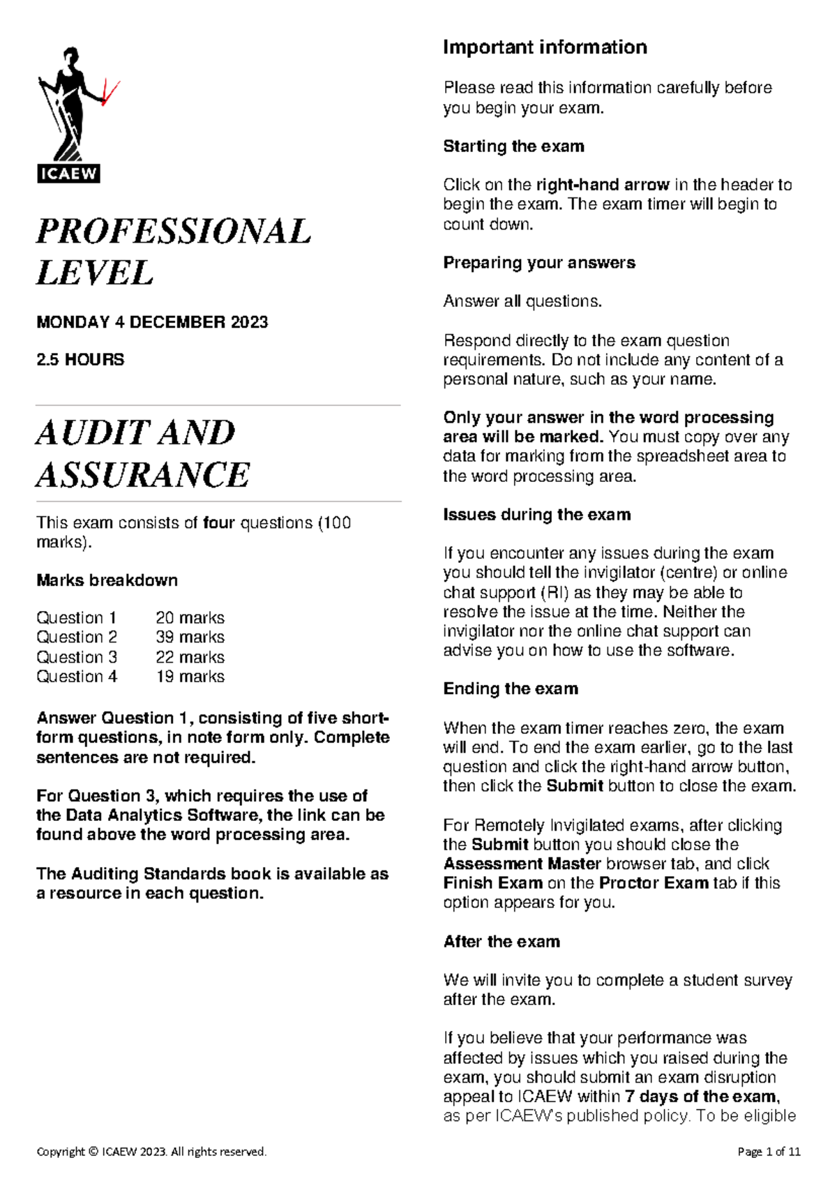 December 2023 Audit Exam - Practice Questions & Sample Answers - Studocu