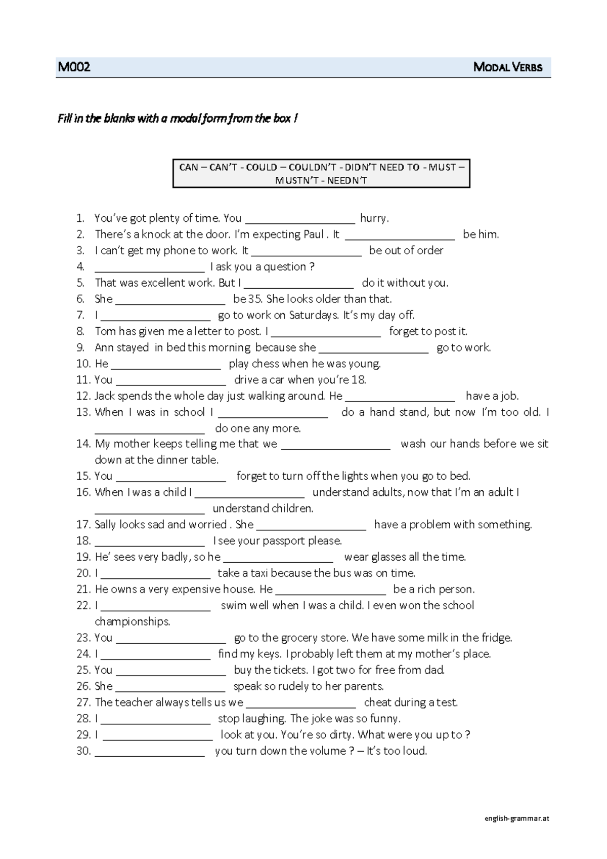 Mixed Modals Activity 1 - english-grammar M 002 MODAL VERBS Fill in the ...