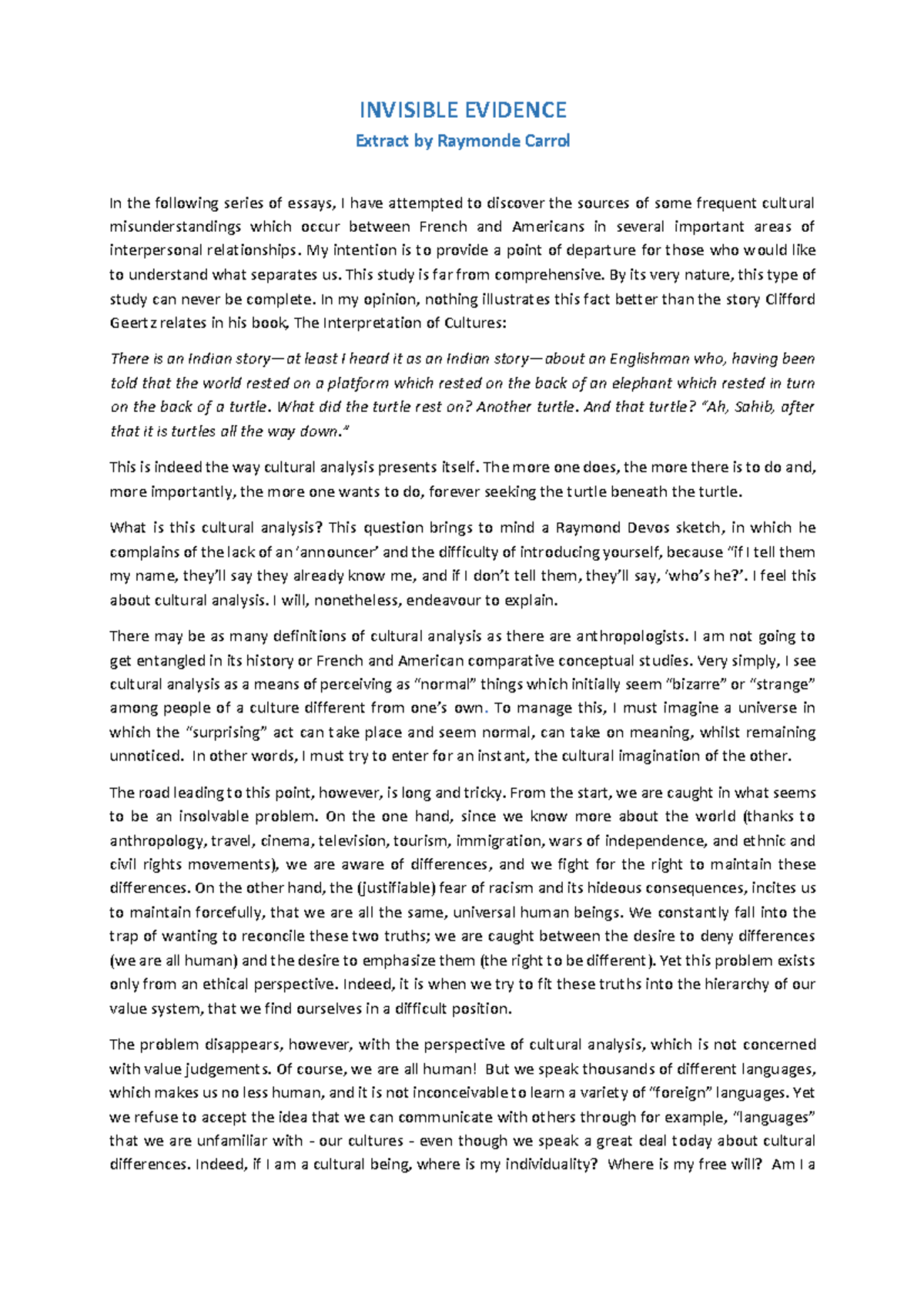Cultural Understanding: Pre-Class Reading for Course CODE 101 - Studocu
