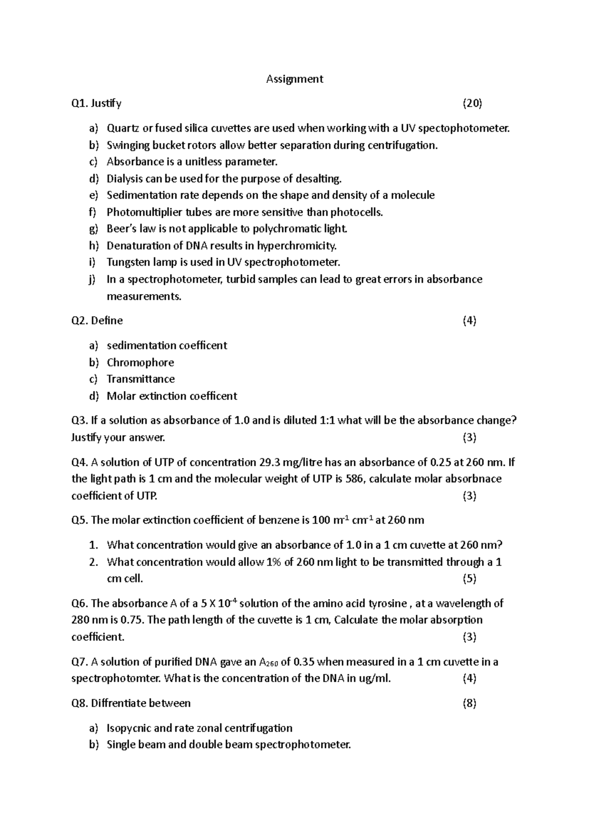 TBC Assignment Q1-Q8: UV Spectrophotometry & Centrifugation Concepts ...