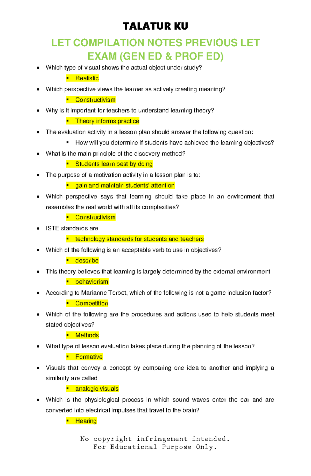 LET EXAM Compilation Notes for General & Professional Education - Studocu