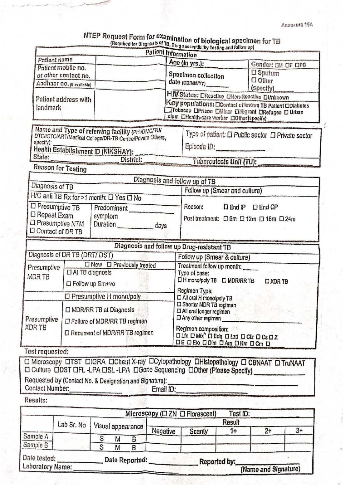 Cbnatt Form for TB Testing: NTEP Request (Annexure 15A) - Studocu