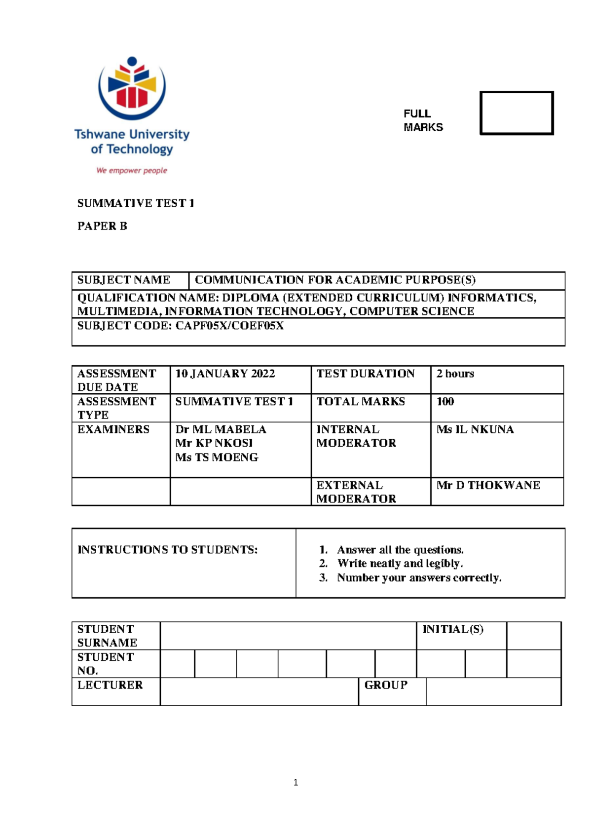 Capfo 5X Summative Test 1 Paper B: Communication for Academic Purposes ...