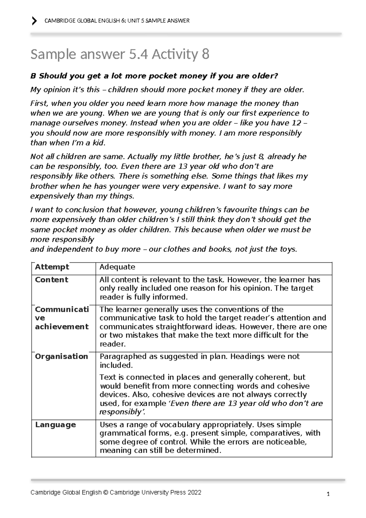 GE 6 Unit 5 Sample Answer: Should Older Kids Get More Pocket Money ...