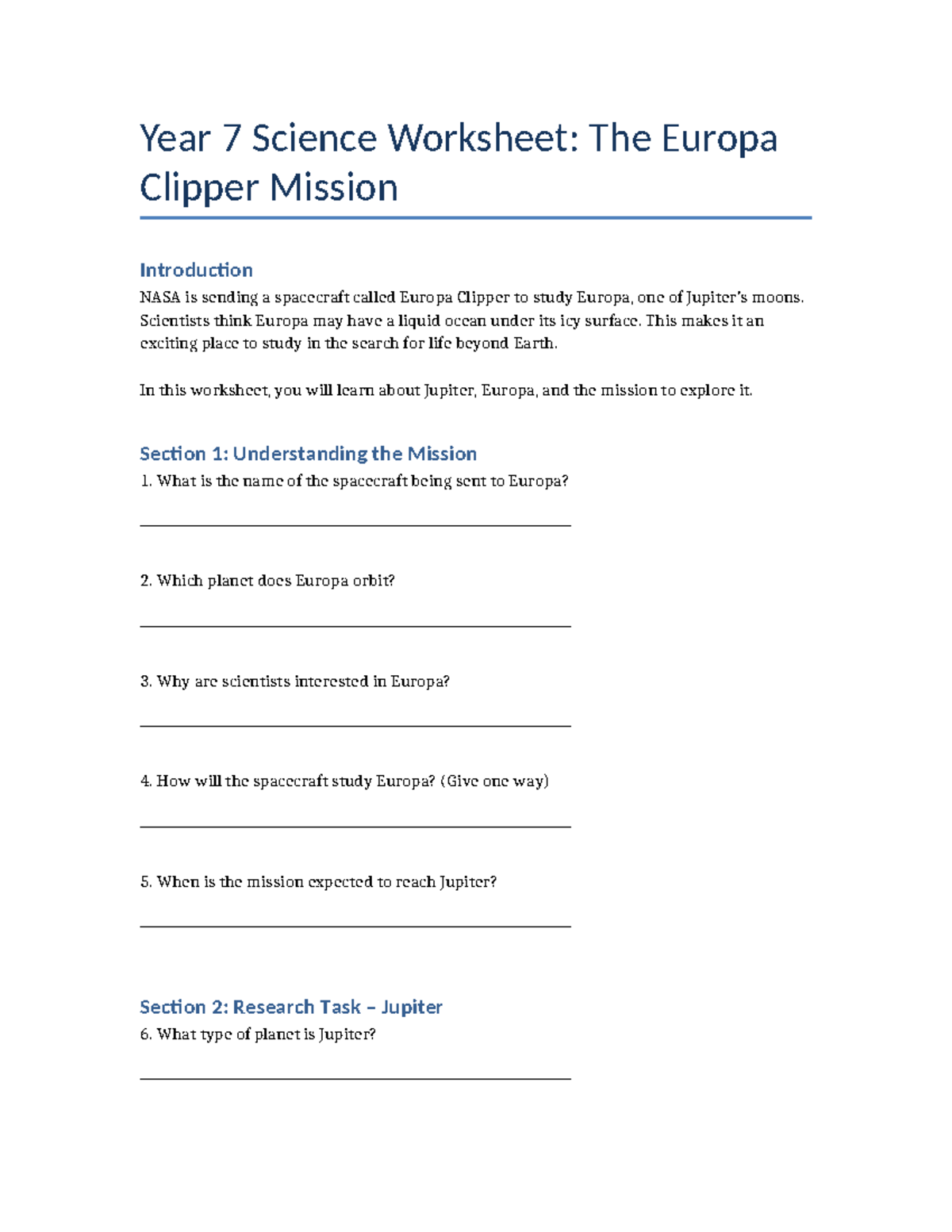 Year 7 Science Worksheet: Exploring the Europa Clipper Mission - Studocu
