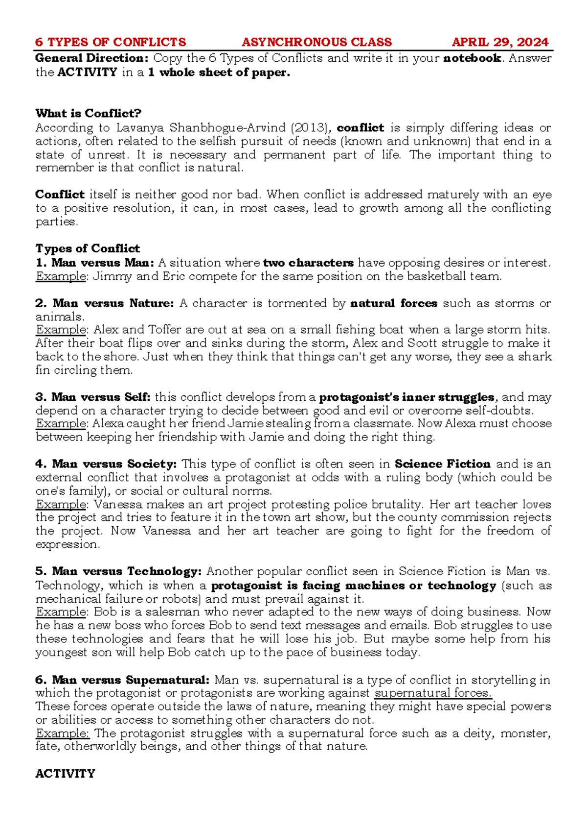 6 Types of Conflicts - Aynchronous Class Notes (April 29, 2024) - Studocu