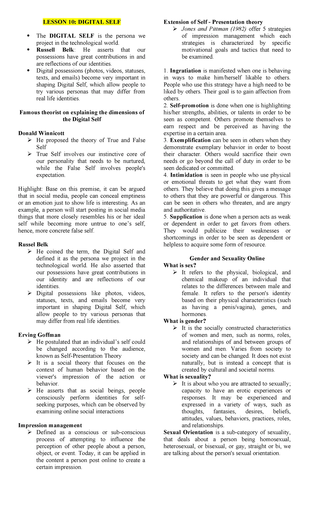 Psych 101: Lesson 1 & 2 Notes on Self and Identity Theories - Studocu