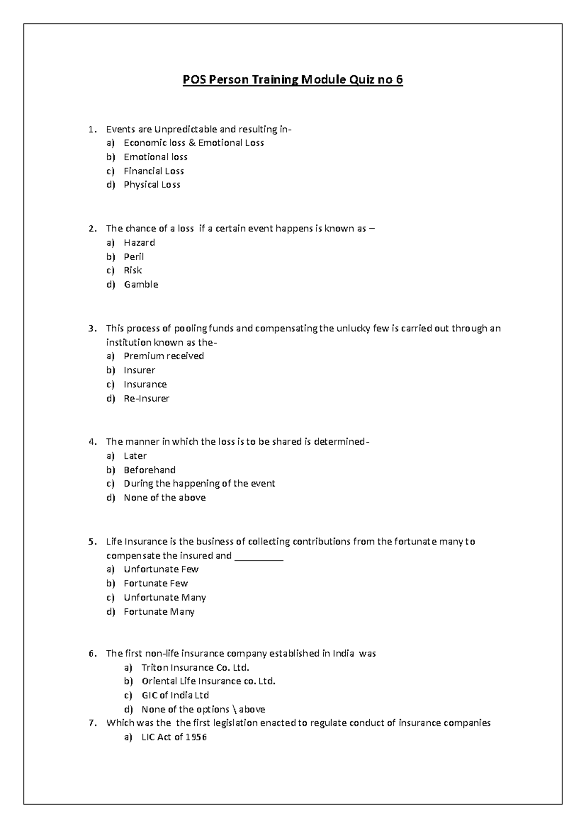 POS-P Quiz No 6 - Insurance Concepts & Risk Management - Studocu