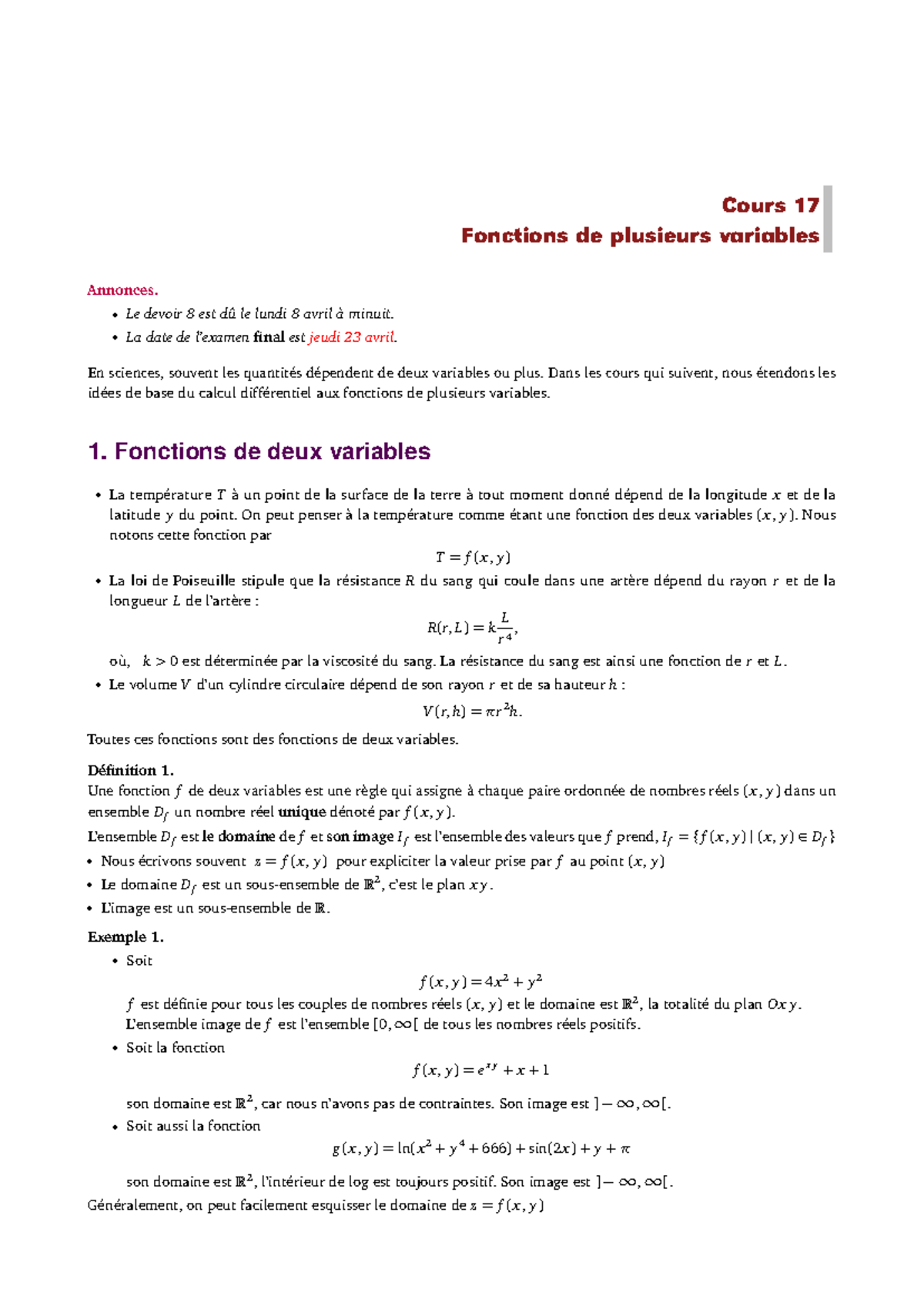 Cours 17 : Fonctions de Plusieurs Variables - Révisions et Exemples ...