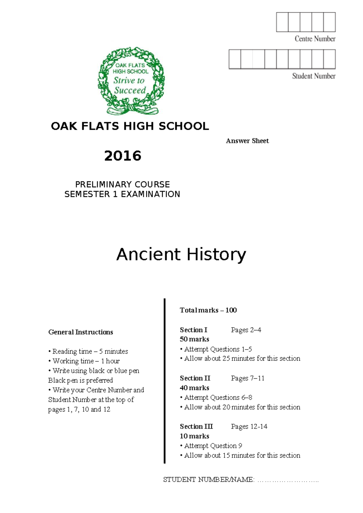 OAK FLATS HIGH SCHOOL Ancient History 2016 Semester 1 Exam Answer Sheet ...