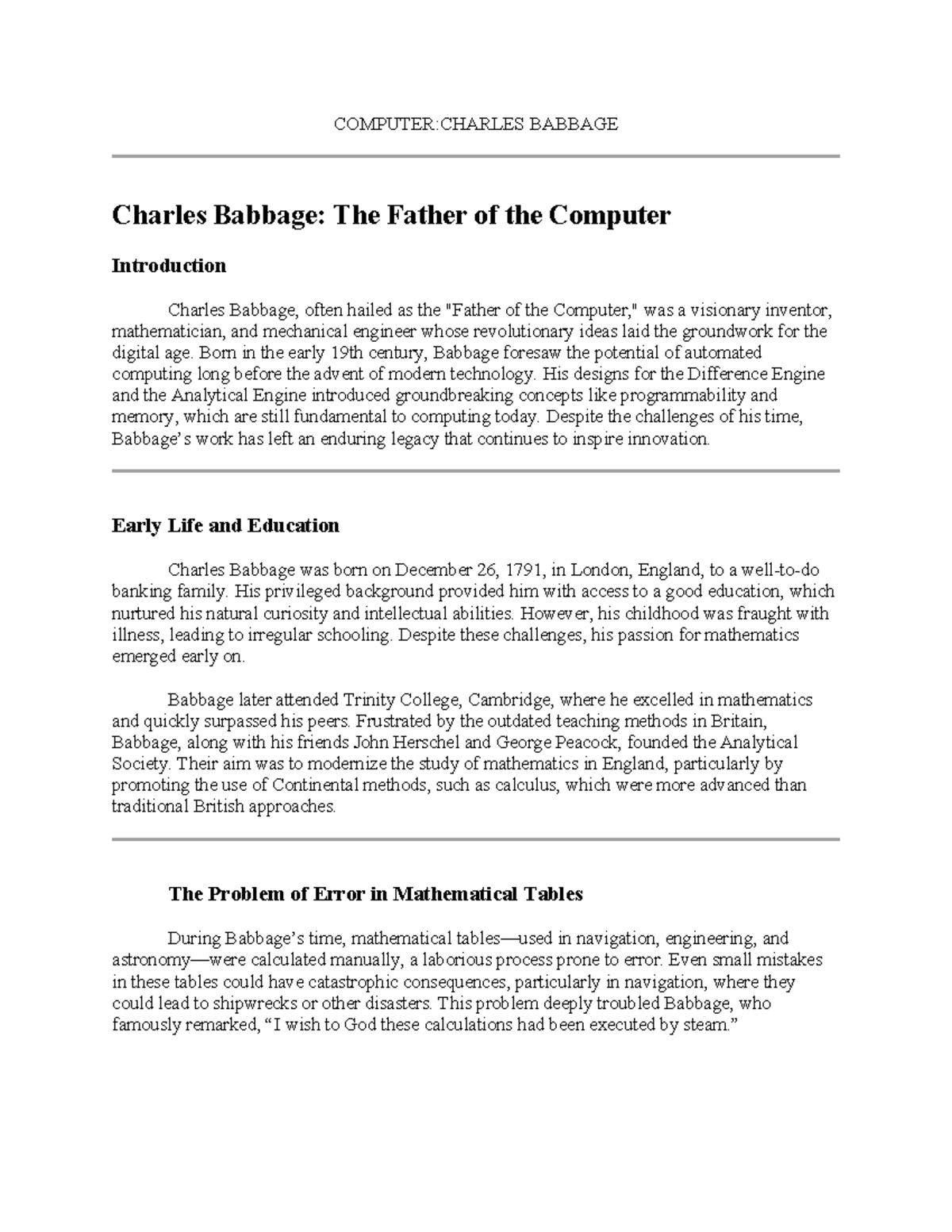 COMPUTER SCIENCE: Charles Babbage and the Birth of Computing - Studocu