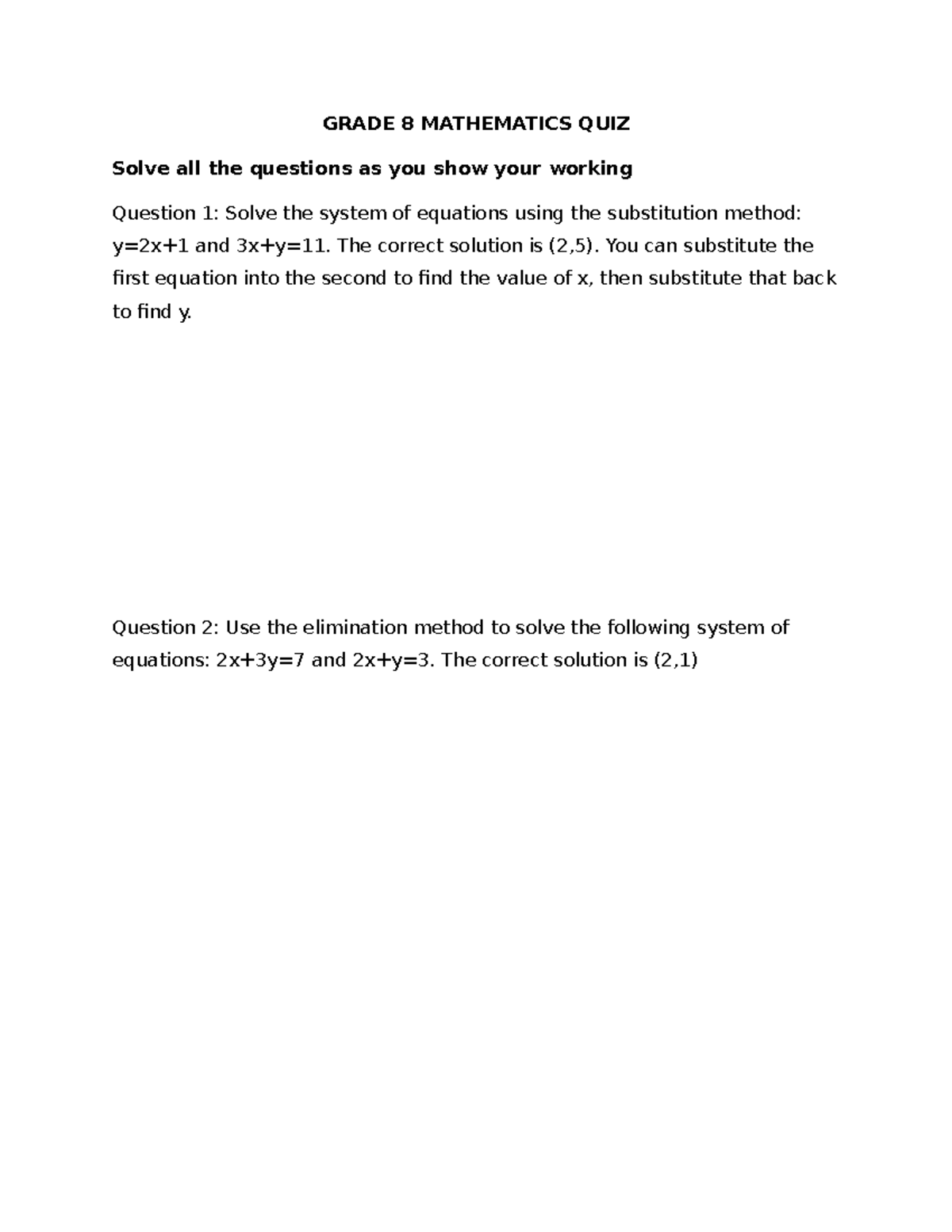Caleb GRADE 8 MATHEMATICS QUIZ Solutions and Working Steps - Studocu