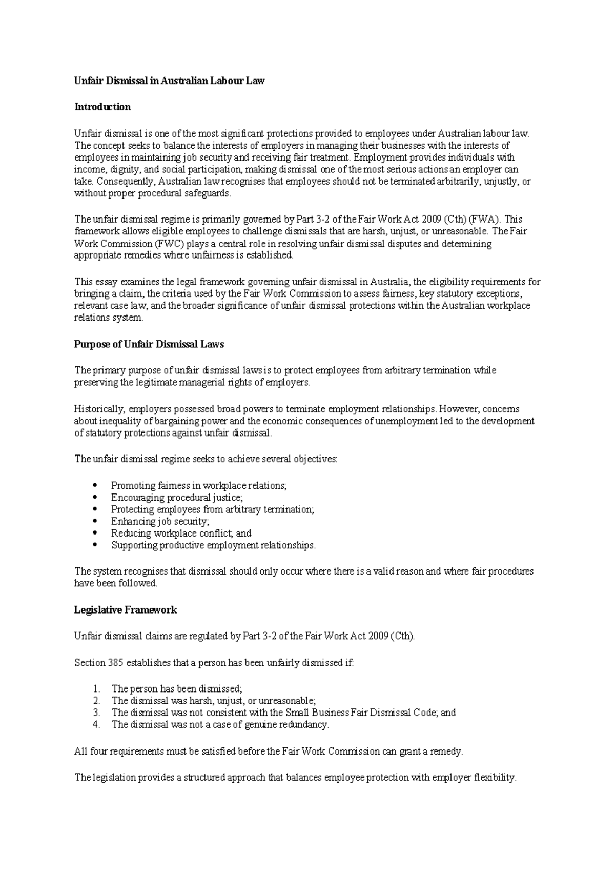Unfair Dismissal Protections in Australian Labour Law (FWA 2009) - Studocu