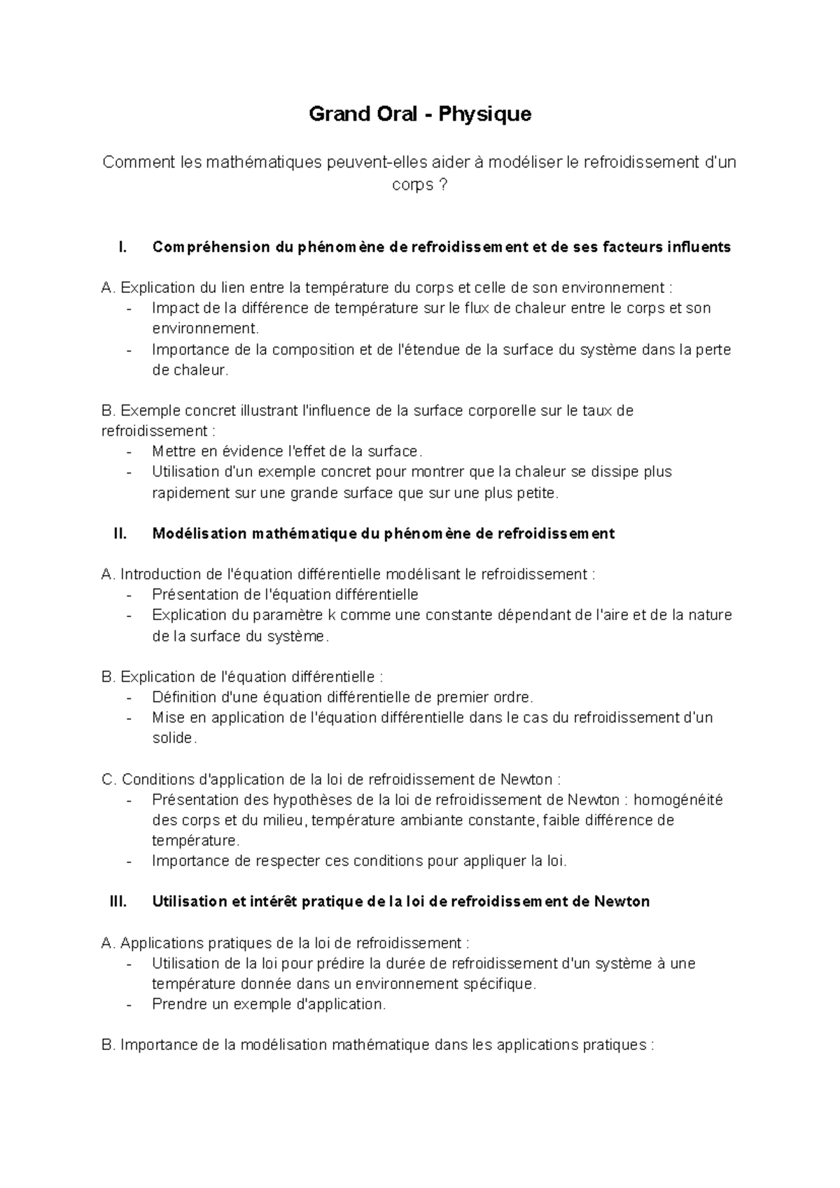Grand Oral Modélisation Mathématique du Refroidissement en Physique — free download