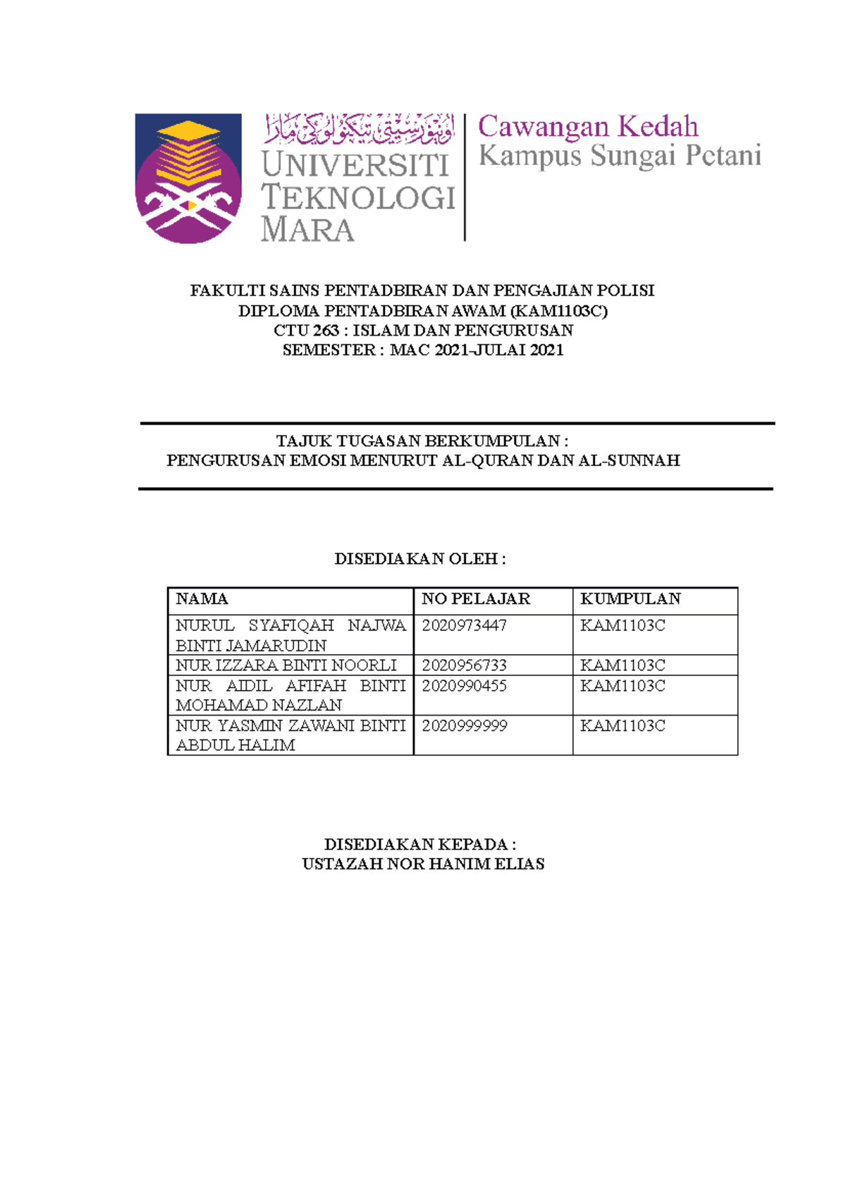 CTU 263 - Pengurusan Emosi Menurut Al-Quran & Al-Sunnah (2021) - Document Preview
