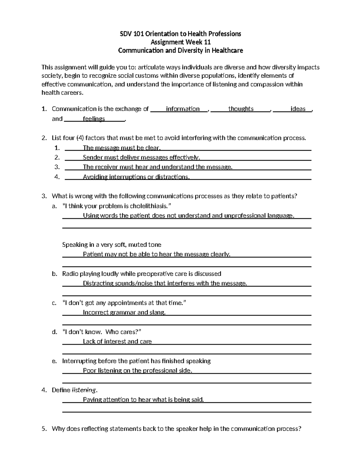 SDV 101 Week 11 Assignment: Communication & Diversity in Healthcare ...