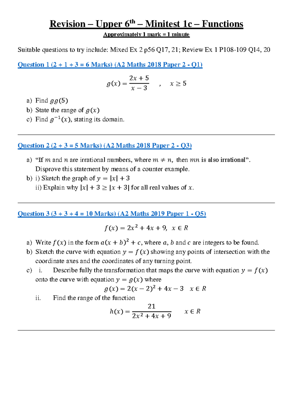 1c Functions Minitest Revision (A2 Maths) - Studocu