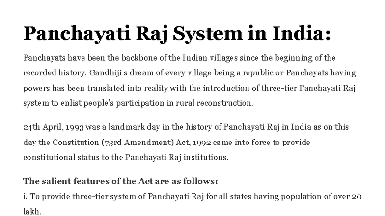 Panchayati Raj System in India: A Historical Overview and Impact - Studocu