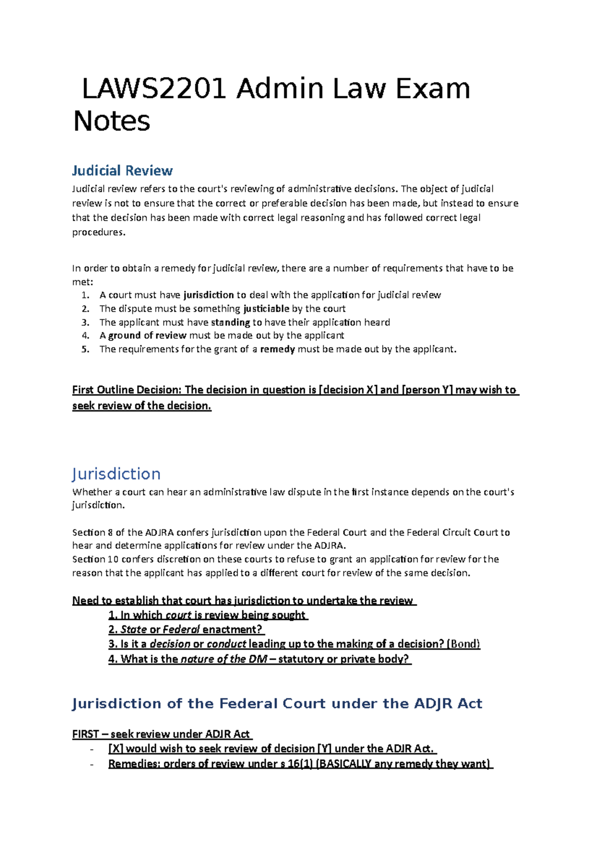 LAWS2201 Admin Law Final Exam Notes: Key Concepts & Jurisdiction ...