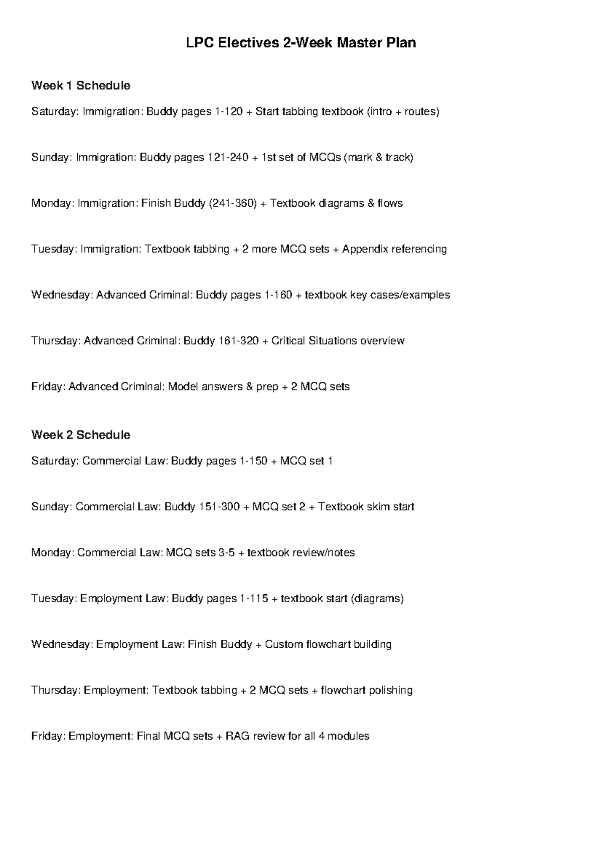 LPC Electives 2-Week Study Schedule & MCQ Preparation Plan - Studocu