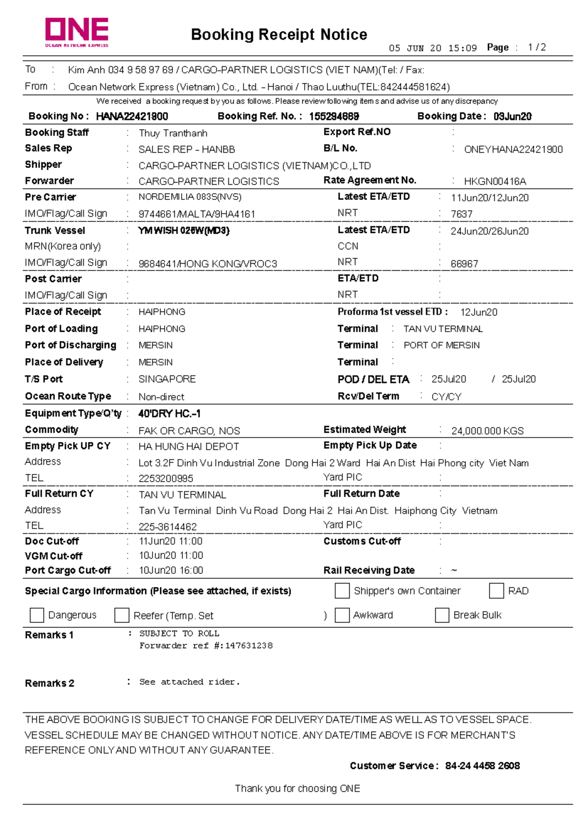 HANA22421900 Booking Receipt Notice - Logistics Details and ...