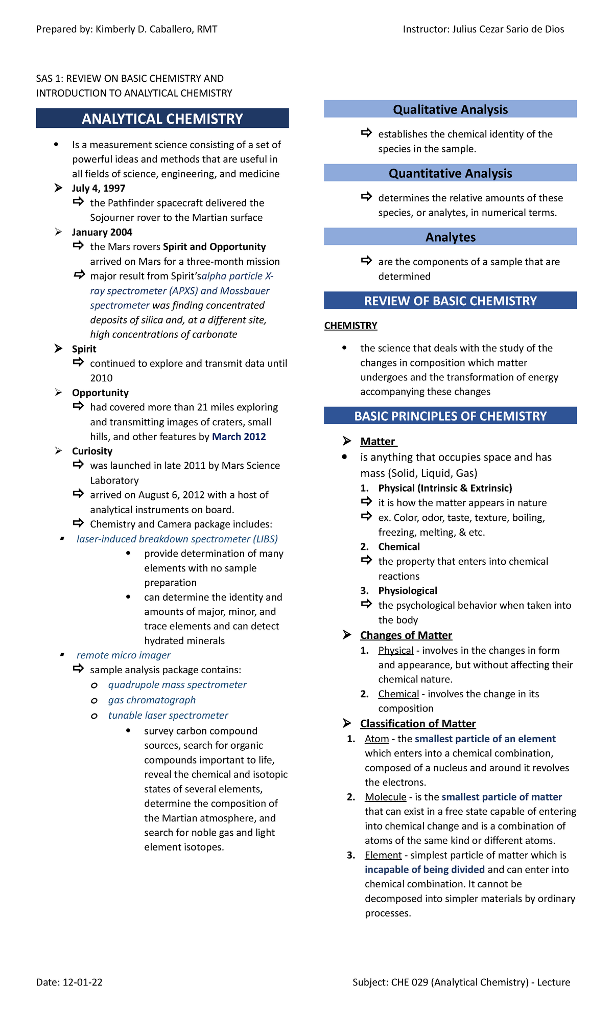 CHE 029 Complete Notes: Basic Chemistry & Analytical Methods - Studocu