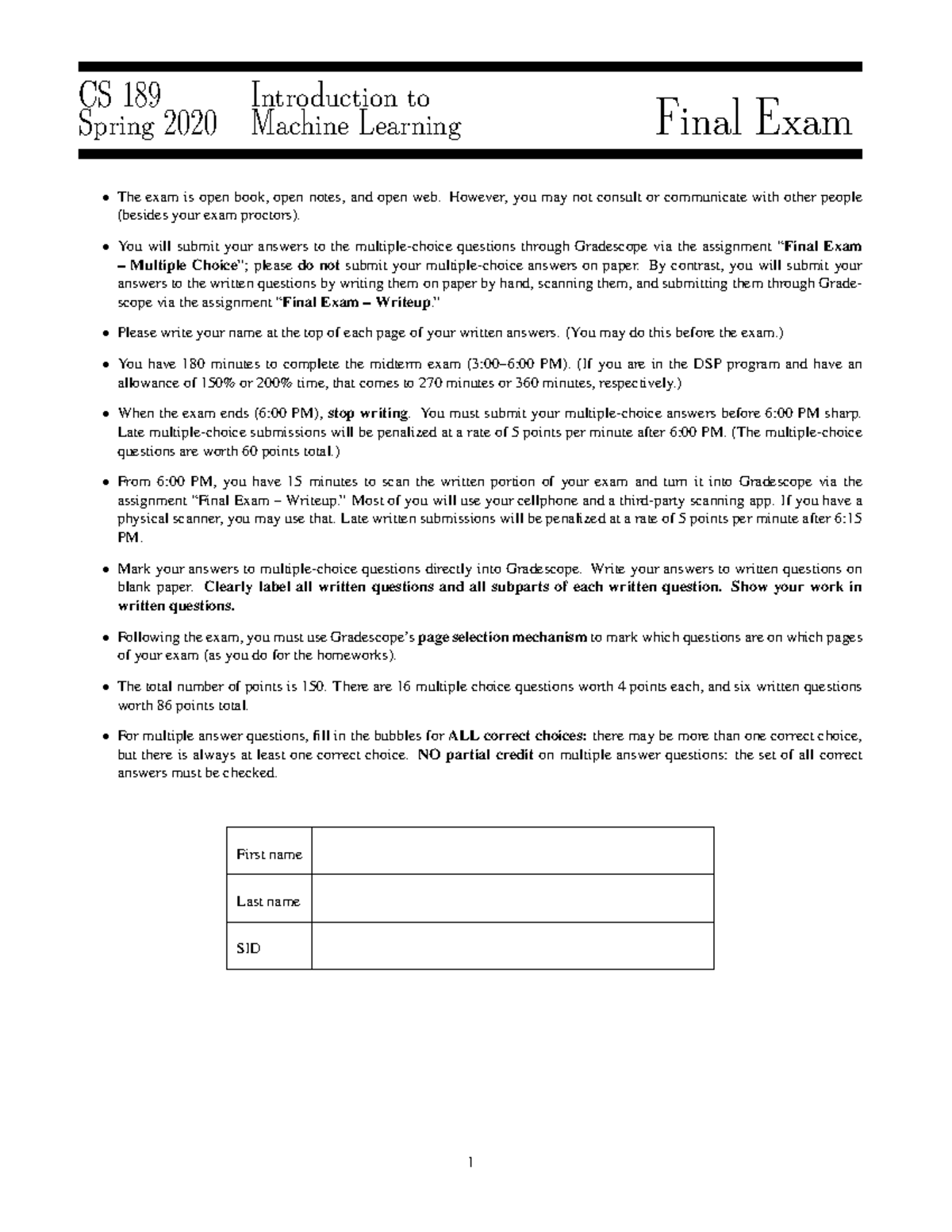 CS 189 - Spring 2020 Final Exam Study Guide on ML Concepts - Studocu