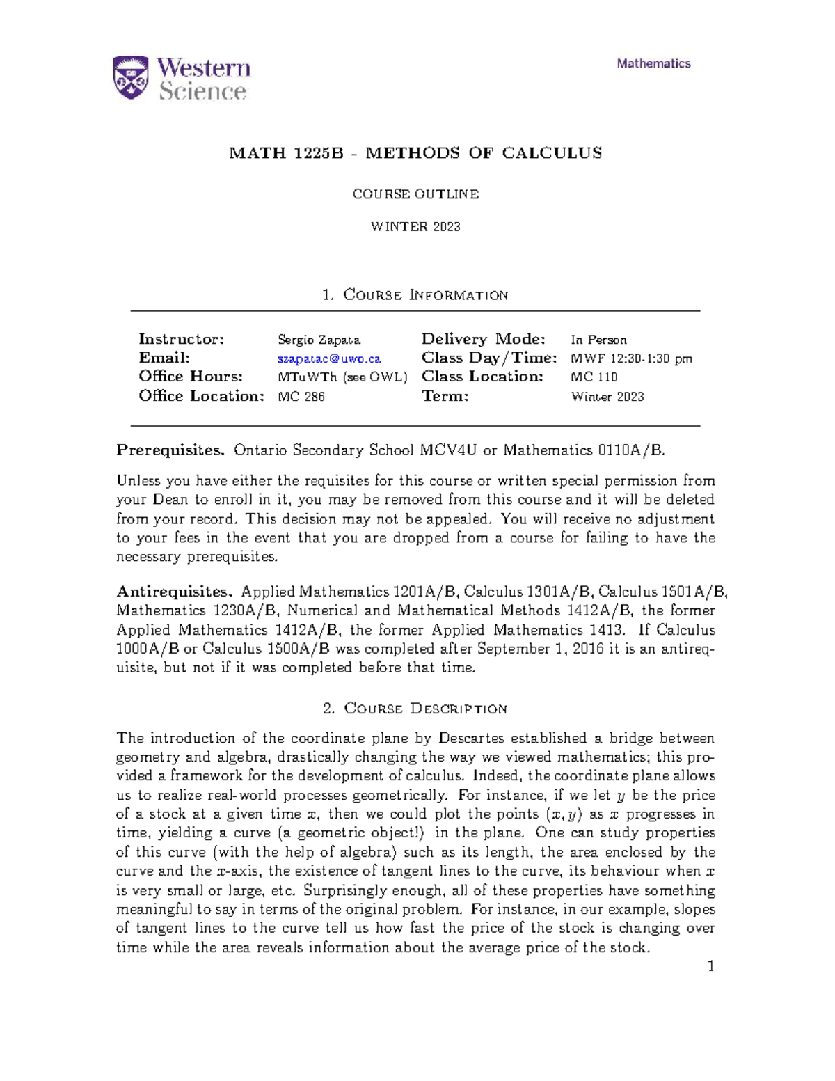 MATH 1225B Winter 2023 Calculus Course Syllabus and Outline - Studocu