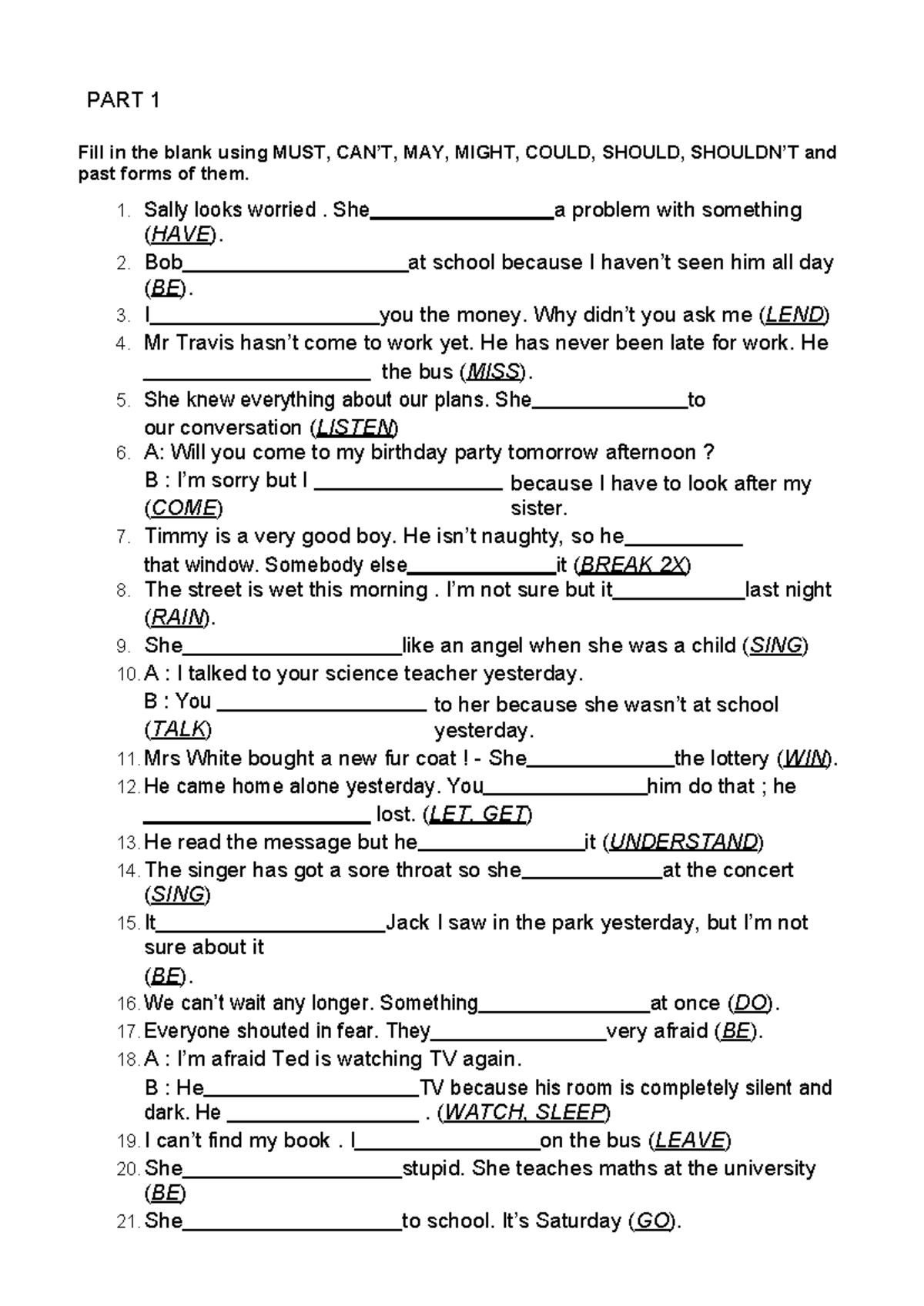 Modal Verbs in the Past (Part A) - Fill in the Blanks Exercise - Studocu