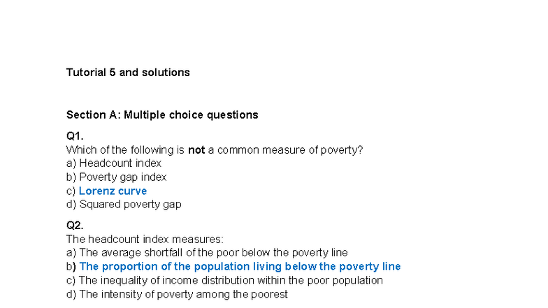 Tutorial 5: Solutions to Poverty Measurement MCQs and Exercises - Studocu