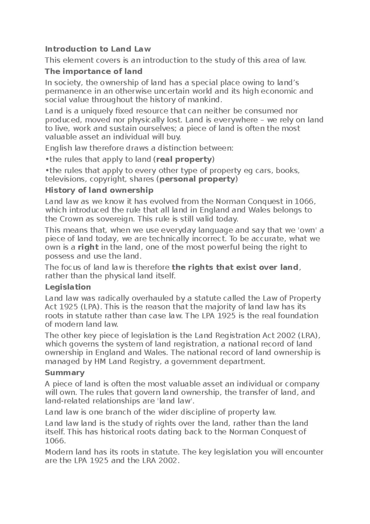 Introduction to Land Law: Key Concepts and Historical Context - Studocu