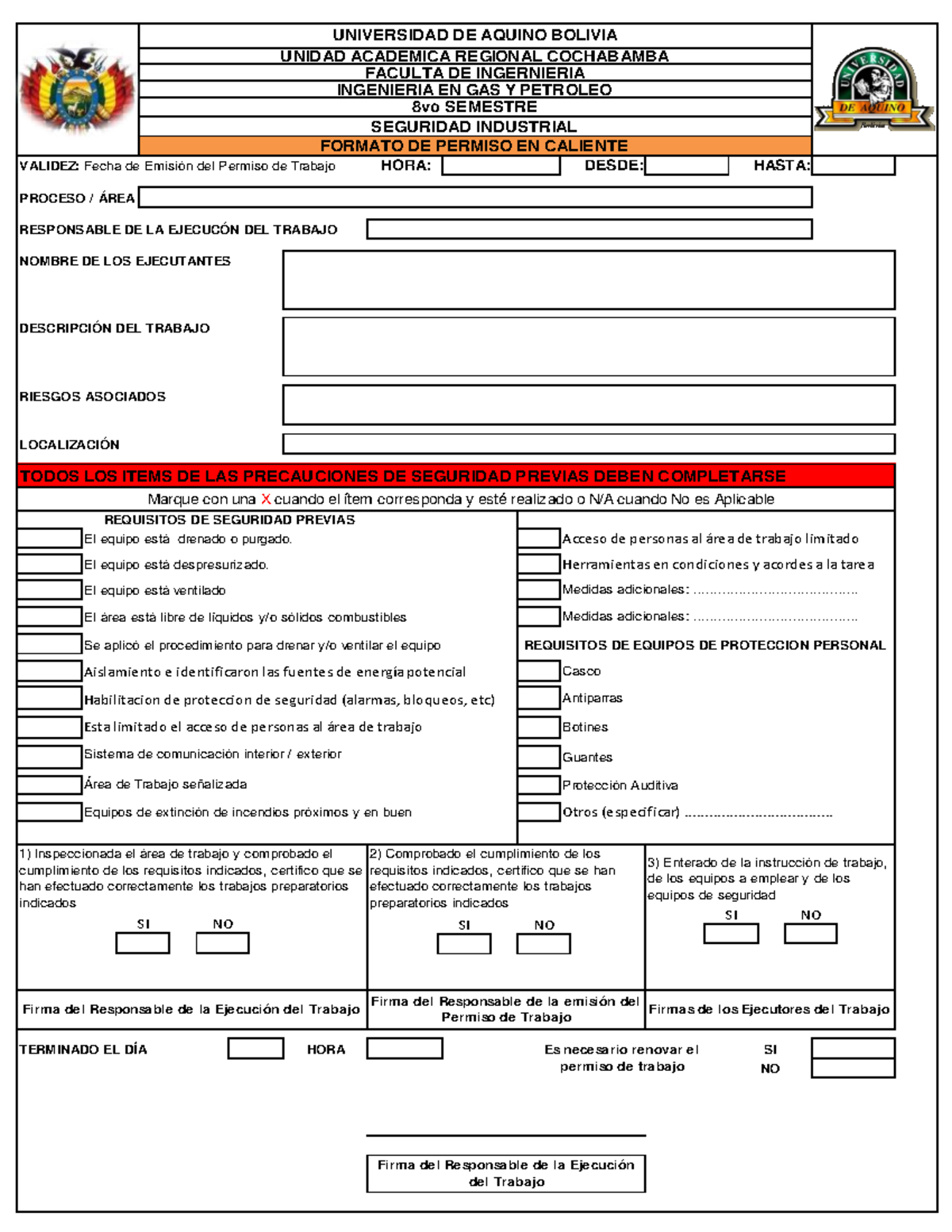 Formato de Permiso de Trabajo en Caliente - Ing. Gas y Petróleo 8vo Semestre - Document Preview