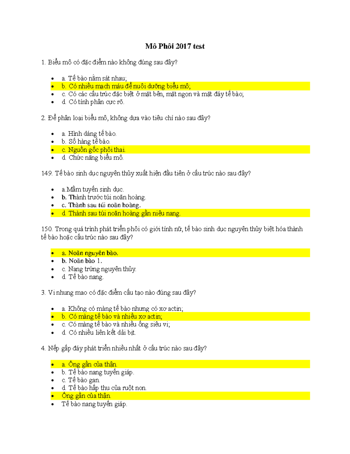 Trắc nghiệm Mô phôi 2017 - Test 1: Đặc điểm và Phân loại Biểu mô - Studocu