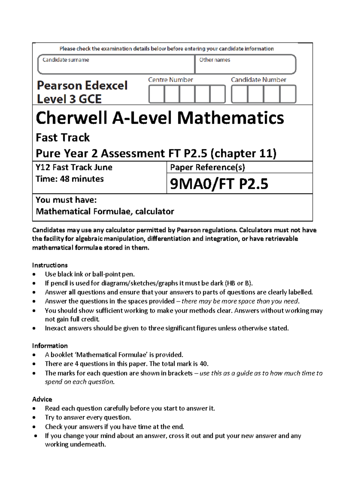 FT P2.5 Pure Year 2 Assessment - Chapter 11 Mathematics Exam - Studocu