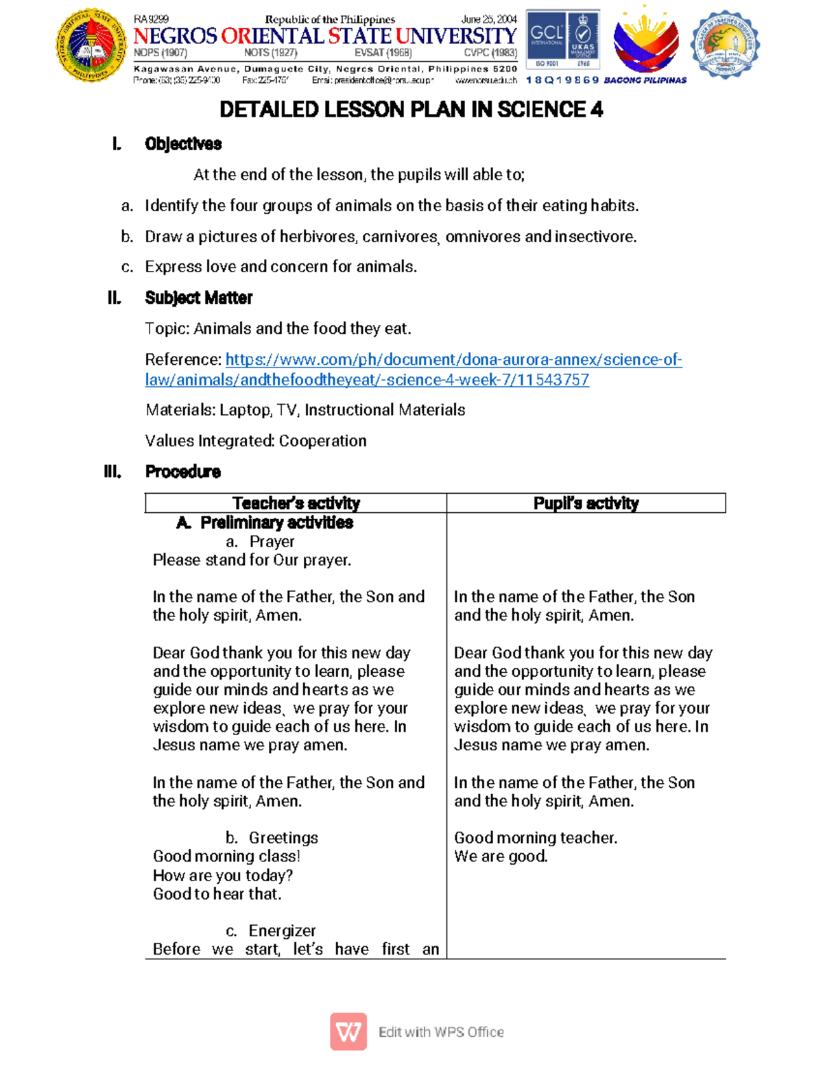 SEMI DETAILED LESSON PLAN IN SCIENCE 4: ANIMALS & THEIR DIETS - Studocu