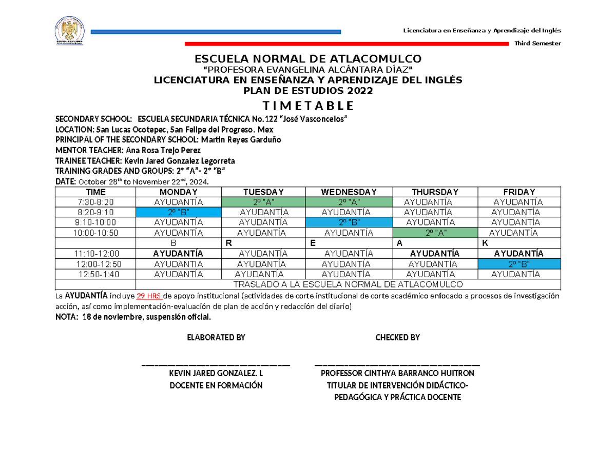 Formato DE Timetable - dsadsdsadsad - Licenciatura en Enseñanza y ...