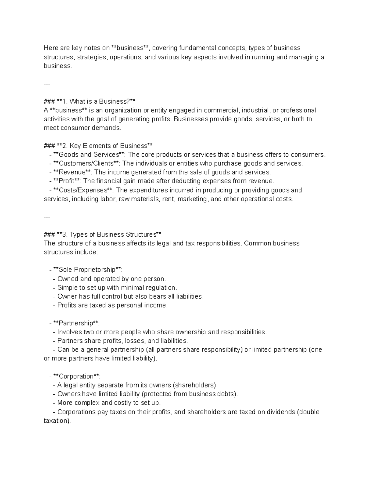 Business Notes - Here are key notes on business, covering fundamental ...