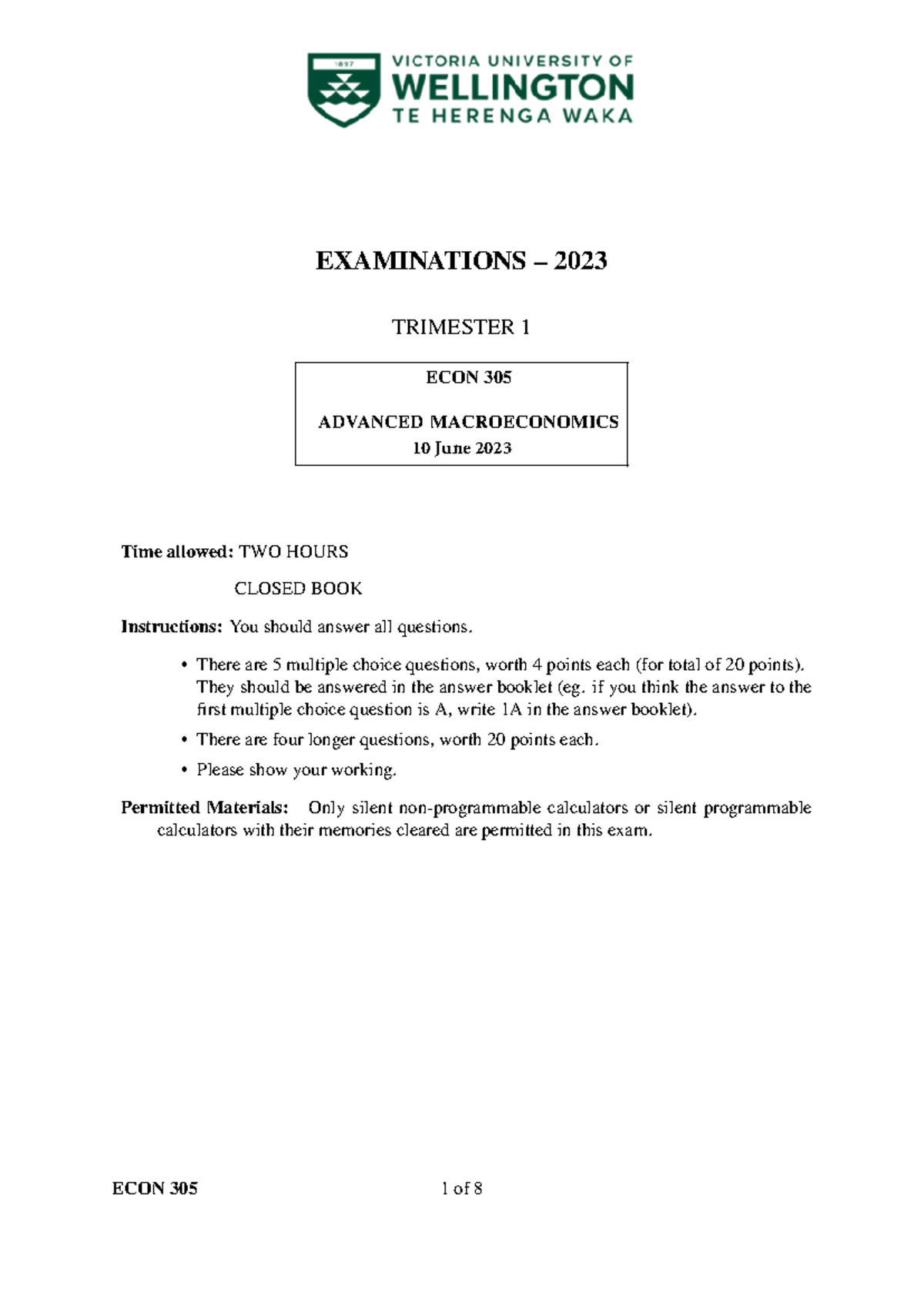 ECON 305 Final Exam Notes - Advanced Macroeconomics Trimester 1 2023 ...