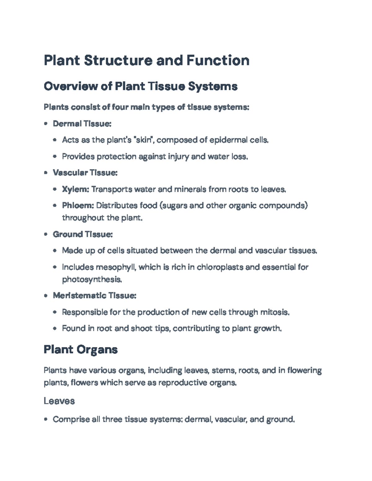 Plant Structure and Function Overview for Botany 101 Final Exam - Plant ...