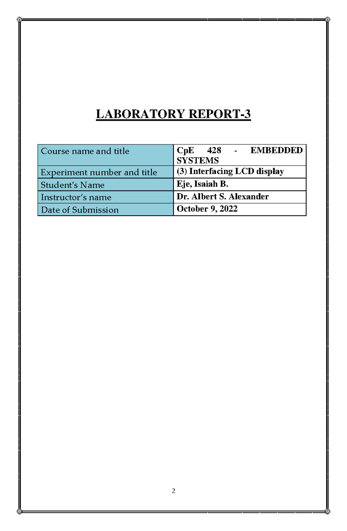 CpE 428 - Lab 3 Report on LCD Interfacing in Embedded Systems - Studocu