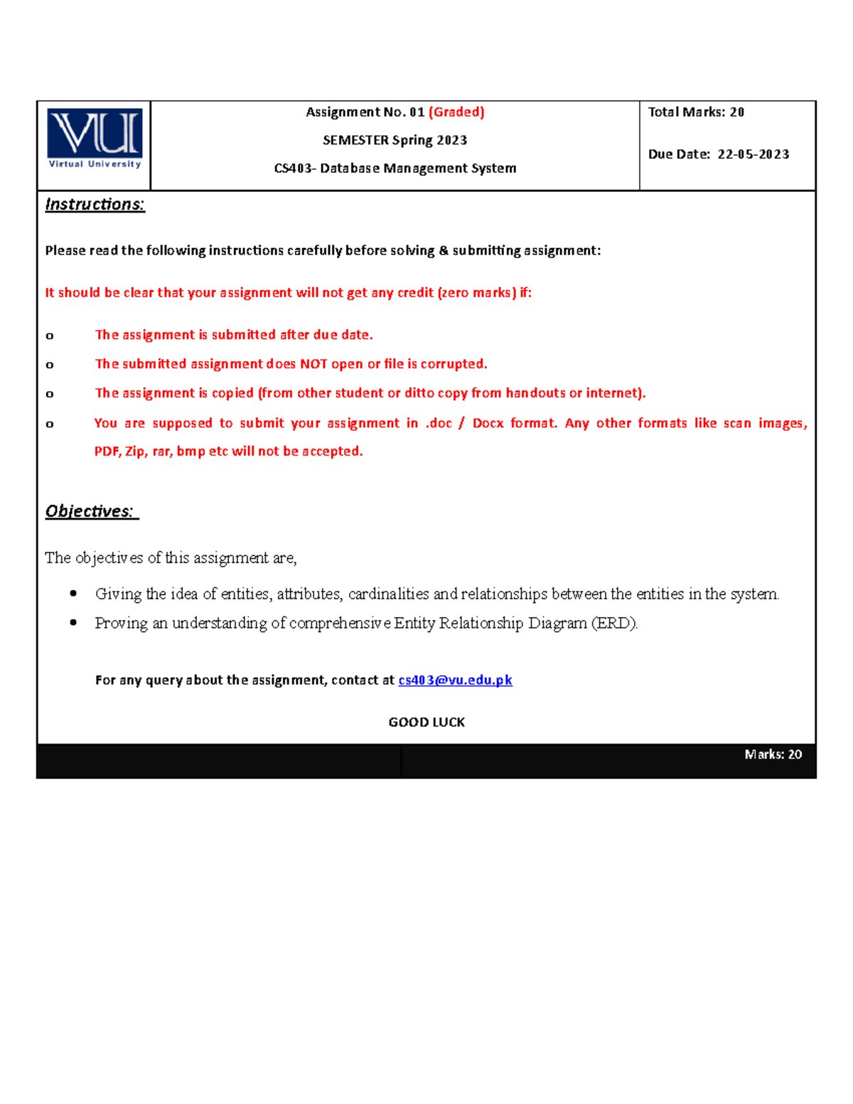 Spring 2023 CS403 Assignment 01: Database Management System ER Model ...