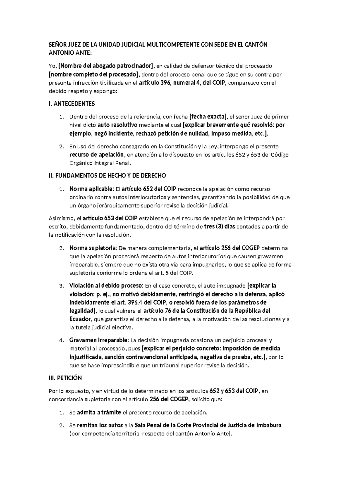 Escrito de Impugnación Penal - Recurso de Apelación COIP - Document Preview