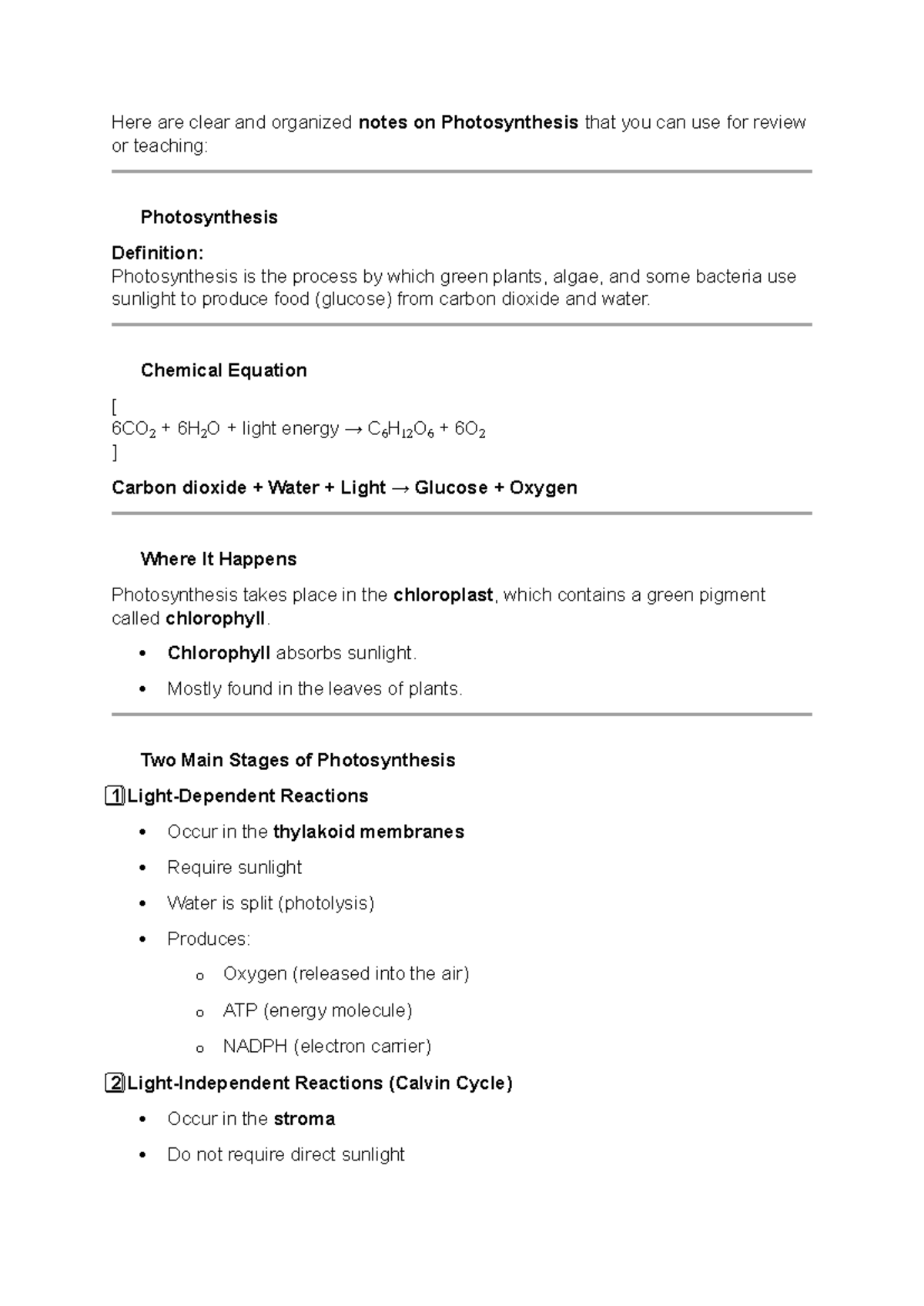 Photosynthesis Notes for Review and Teaching - Studocu