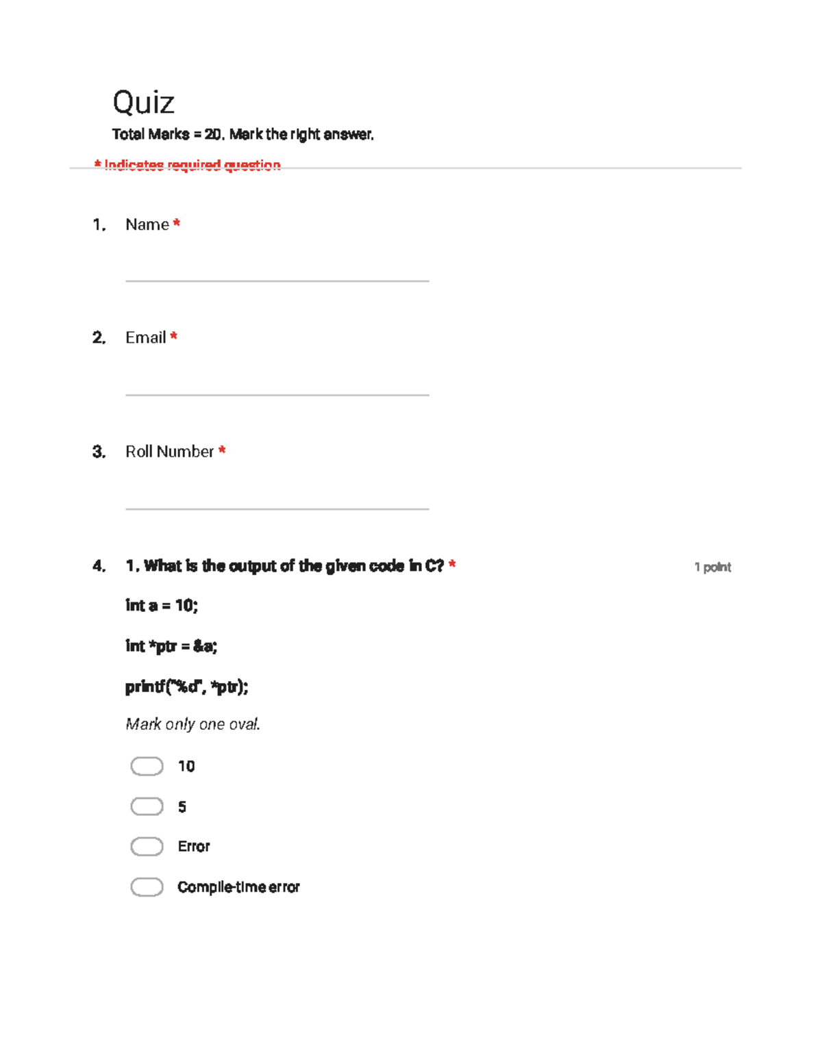Quiz 2: C Programming Questions and Answers (Total Marks: 20) - Studocu