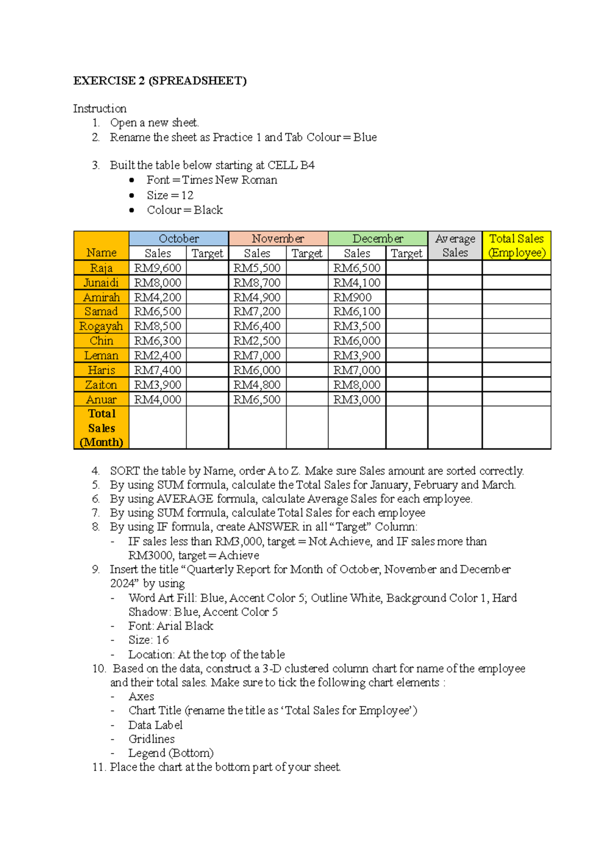 Practical 2 - Computer Application Excel Exercises for Sales Analysis ...