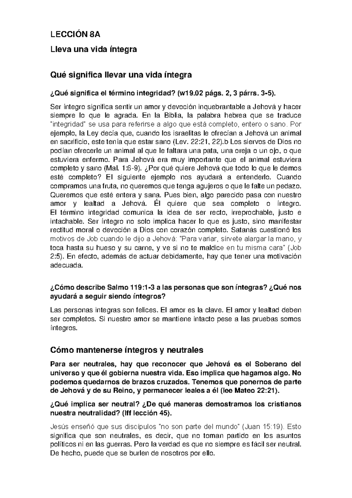 LECCIÓN 8A - Resumen sobre la Integridad y Neutralidad en la Fe - Document Preview